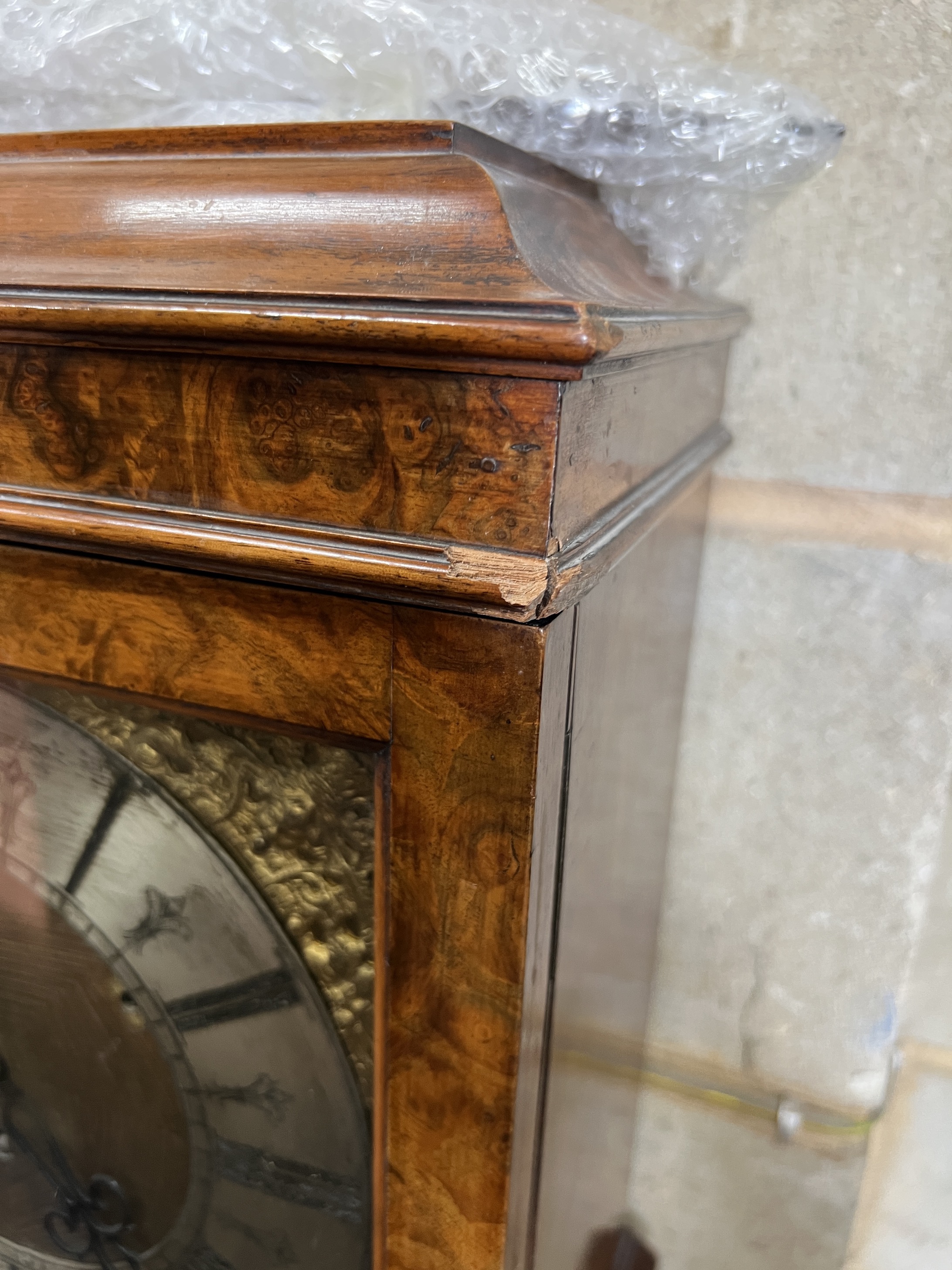 An 18th century 10in. longcase clock dial, with later movement and burr walnut case, height 172cm